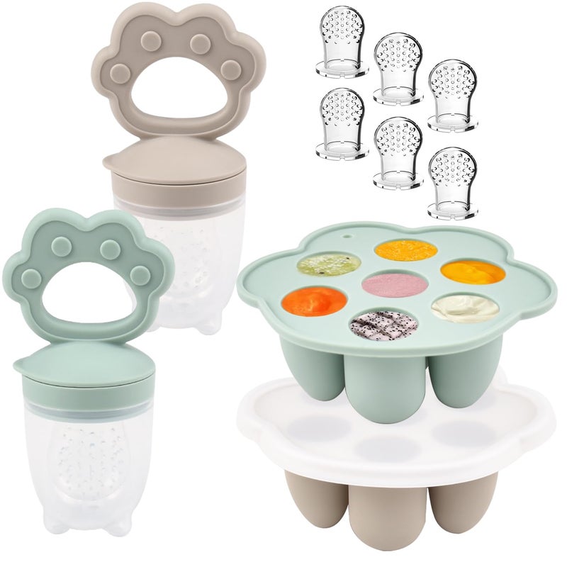 Ginbear Silicone Baby Fruit Food Feeder & Freezer Tray (Set of 2), Infant Teething Feeder Pacifiers with Baby Popsicle Molds Combo 4 Months+ (Hazy Green/Almond) - Image 1